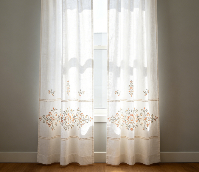Symmetrical Floral Embroidery Floor-Length Linen Curtains